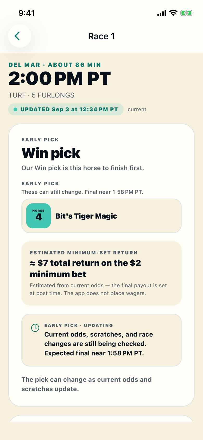 Horse Racing Companion race screen in light mode for Del Mar race 1 on September 3, 2026: an early Win pick on Horse 4, Bit's Tiger Magic, the estimated return on the $2 minimum bet, and a note that the pick is still updating