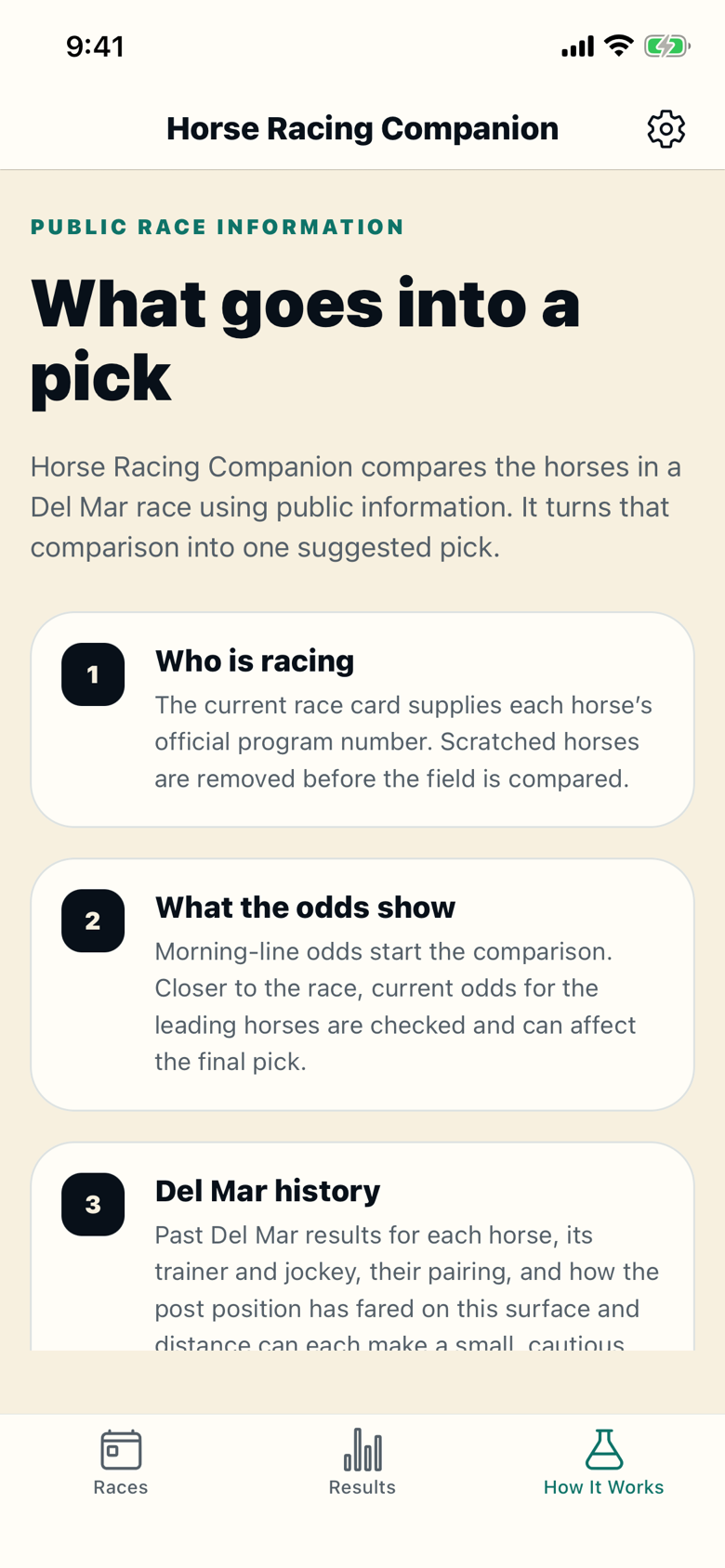 How It Works screen: What goes into a pick, with numbered steps Who is racing, What the odds show, and Del Mar history