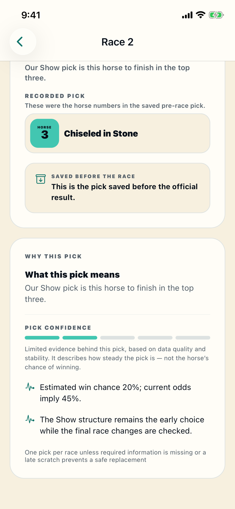 Race screen: the saved Show pick on Horse 3, Chiseled in Stone, a five-segment confidence meter, and two reason lines