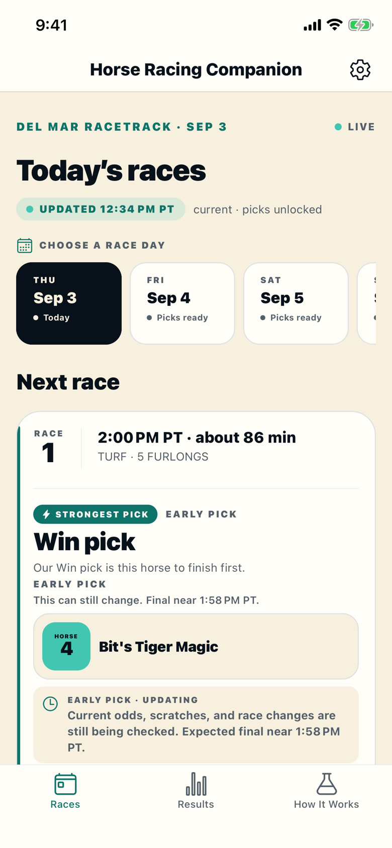 Races screen on race day: today&rsquo;s Del Mar card for Thursday September 3 with picks unlocked, a row of upcoming race days, and the next race at the top with its early Win pick