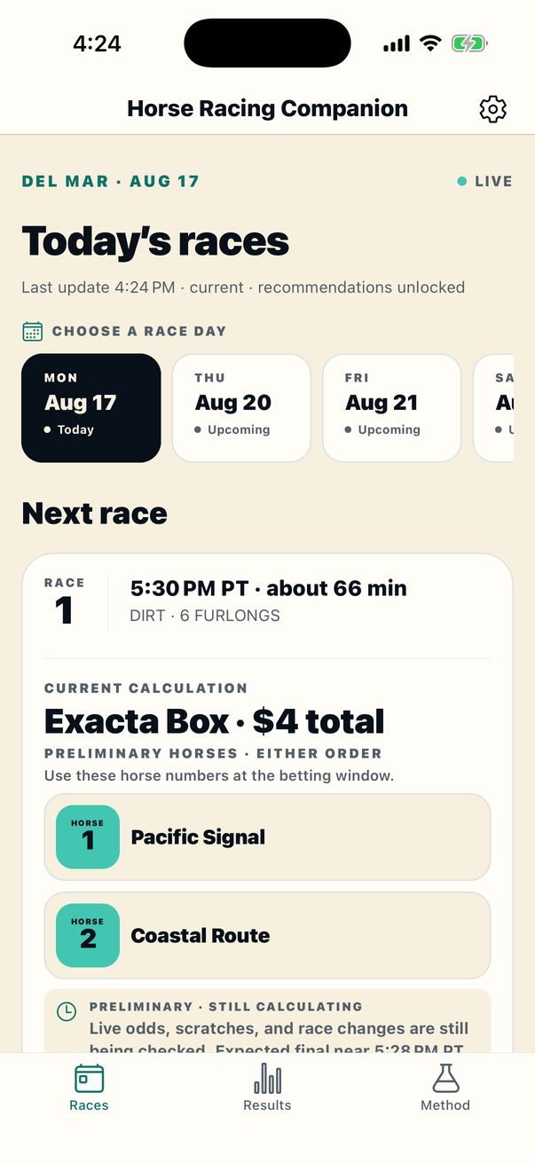 Horse Racing Companion showing a preliminary four-dollar ticket for Race 1
